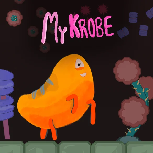 MyKrobe key art: Krobe, an orange microbe, among glowing plants