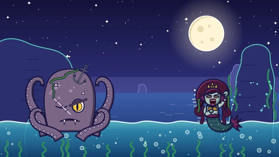 Our Siren's Cove art: a one-eyed kraken and a singing siren under a full moon